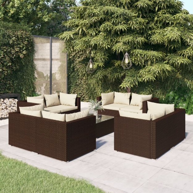 Set Divani da Giardino 9 pz con Cuscini in Polyrattan Marrone