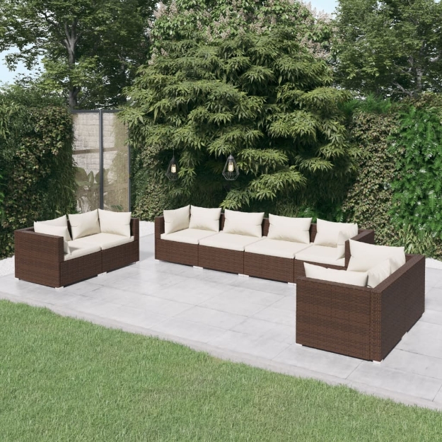 Set Divani da Giardino 8 pz con Cuscini in Polyrattan Marrone