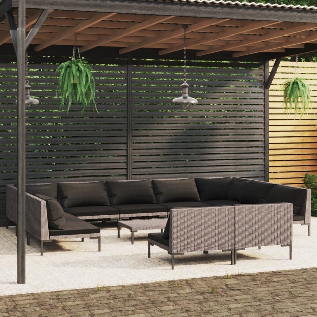 Set Divani da Giardino 12pz con Cuscini Polyrattan Grigio Scuro