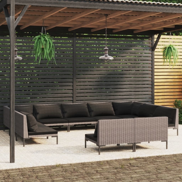 Set Divani Giardino 11pz con Cuscini in Polyrattan Grigio Scuro