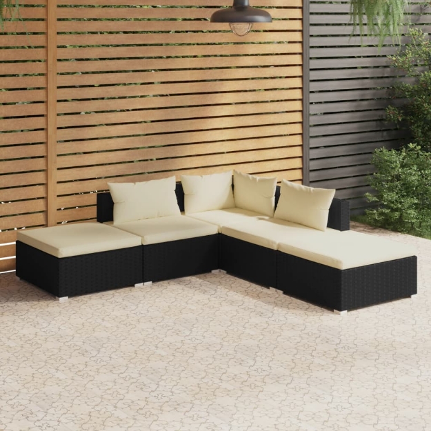 Set Divani da Giardino 5 pz con Cuscini in Polyrattan Nero