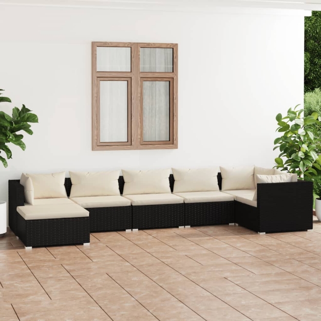 Set Divani da Giardino 7 pz con Cuscini in Polyrattan Nero