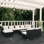 Set Divani da Giardino 10 pz con Cuscini in Polyrattan Nero