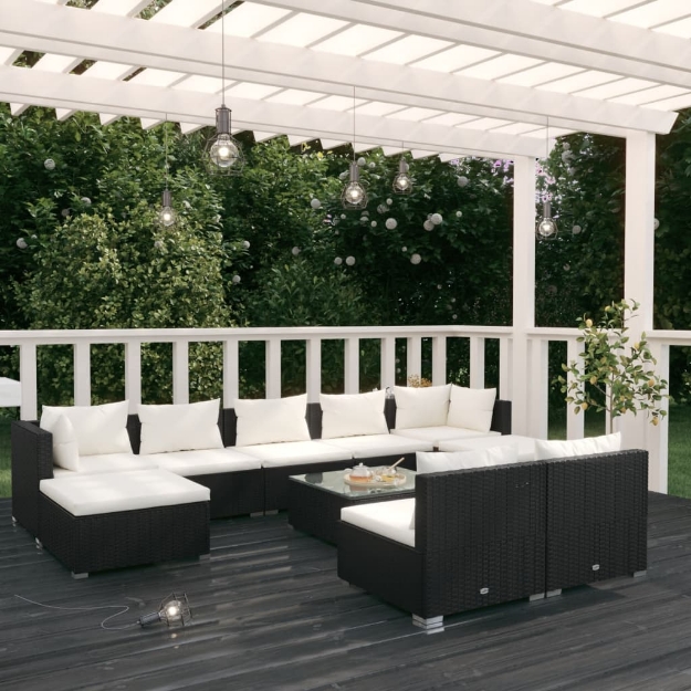 Set Divani da Giardino 10 pz con Cuscini in Polyrattan Nero