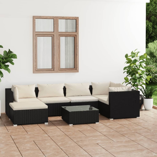 Set Divani da Giardino 7 pz con Cuscini in Polyrattan Nero