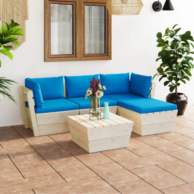 Set Divani da Giardino su Pallet 5 pz con Cuscini Legno Abete