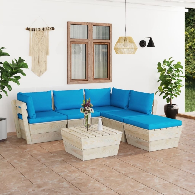 Set Divani da Giardino su Pallet 6 pz con Cuscini Legno Abete