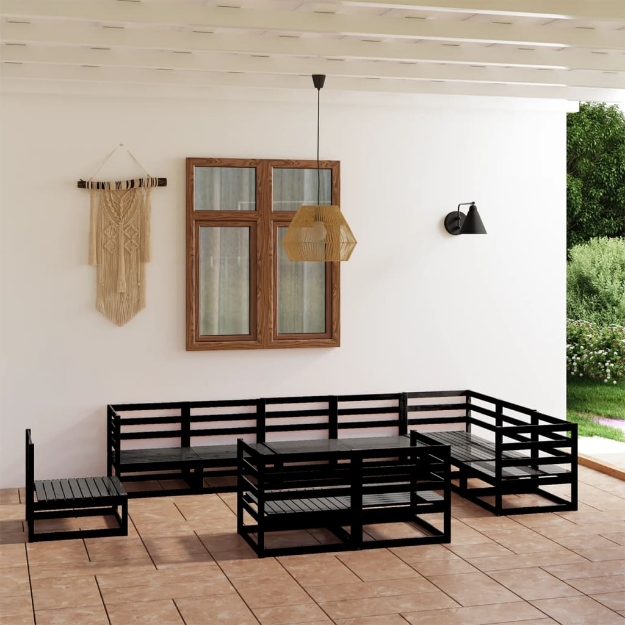 Set Divani da Giardino 10 pz Nero in Legno Massello di Pino