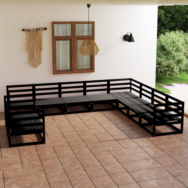 Set Divani da Giardino 10 pz Nero in Legno Massello di Pino