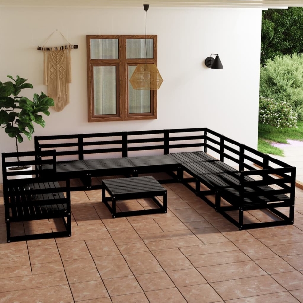 Set Divani da Giardino 10 pz Nero in Legno Massello di Pino