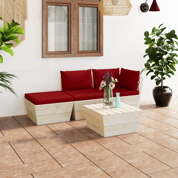 Set Divani da Giardino su Pallet 4 pz con Cuscini Legno Abete