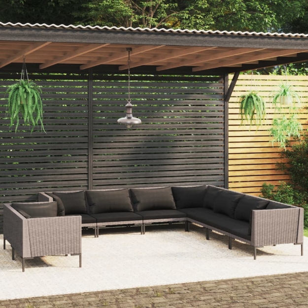 Set Divani da Giardino 9pz con Cuscini Polyrattan Grigio Scuro