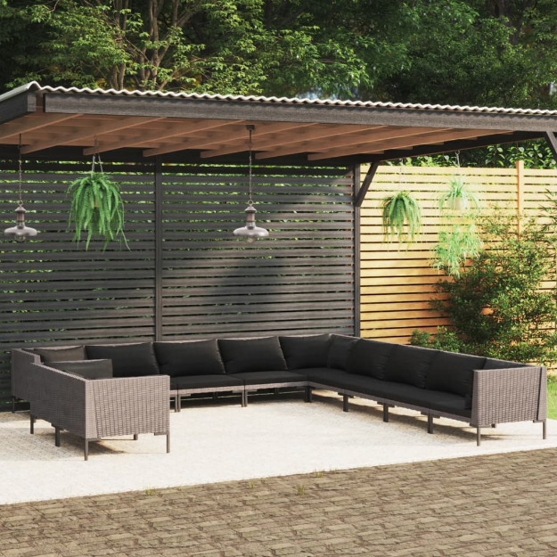 Set Divani Giardino 11pz con Cuscini in Polyrattan Grigio Scuro