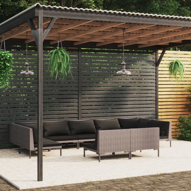 Set Divani da Giardino 9 pz con Cuscini Polyrattan Grigio Scuro