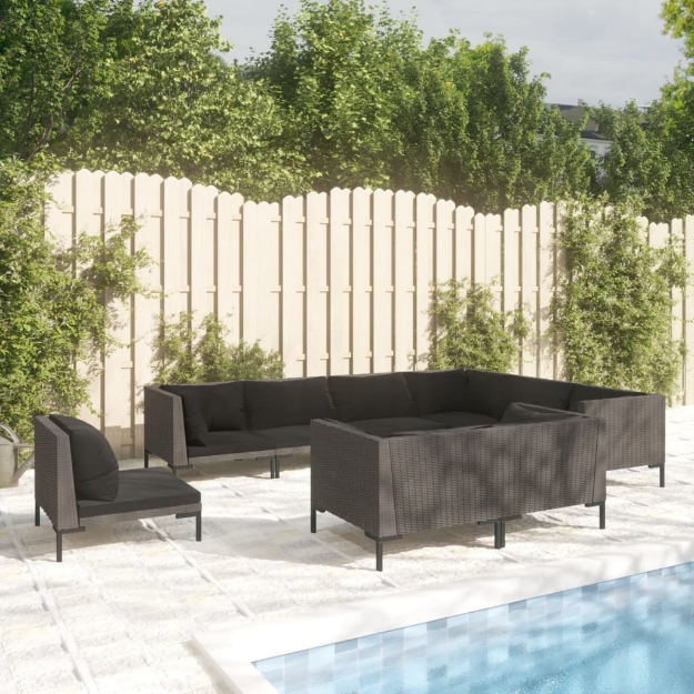 Set Divani da Giardino 9pz con Cuscini Polyrattan Grigio Scuro