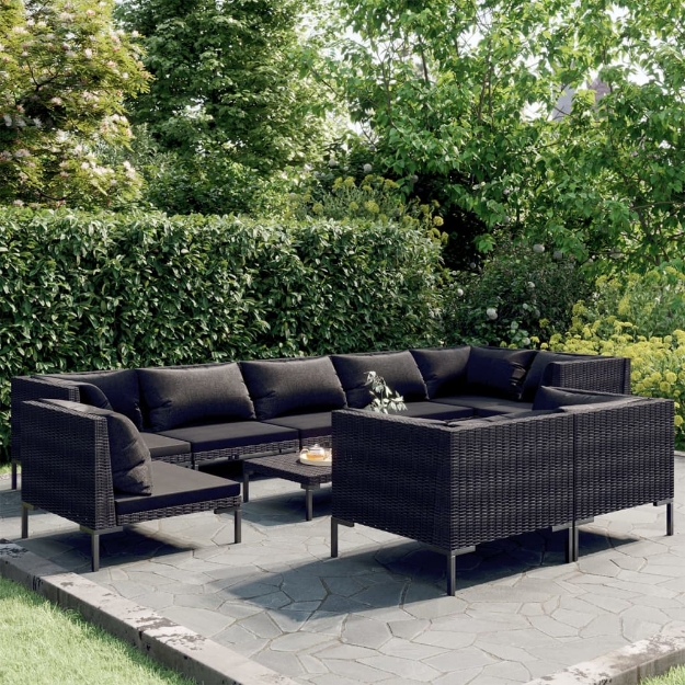 Set Divani da Giardino 10pz con Cuscini Polyrattan Grigio Scuro