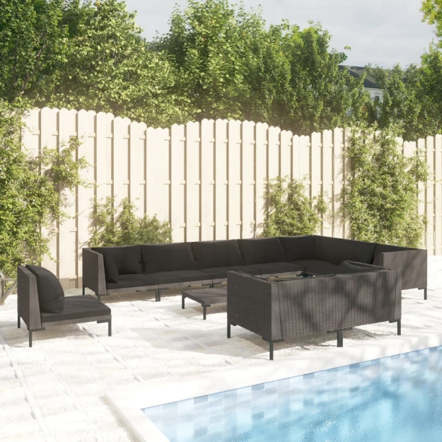 Set Divani da Giardino 11pz con Cuscini Polyrattan Grigio Scuro