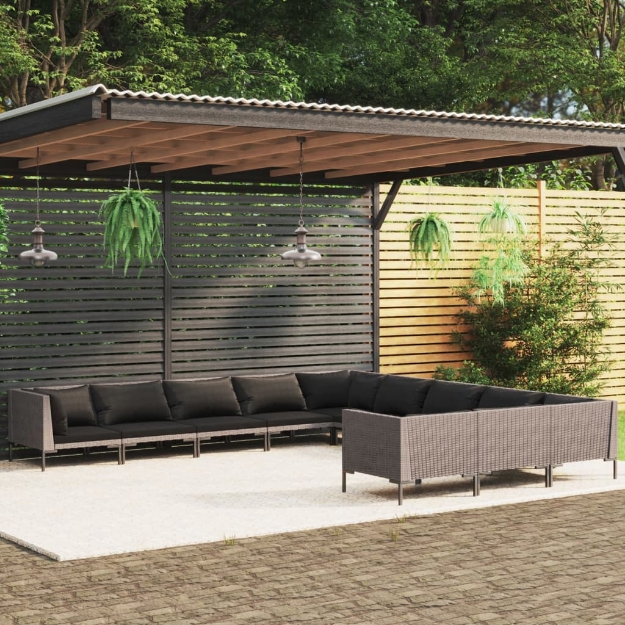 Set Divani da Giardino 11pz con Cuscini Polyrattan Grigio Scuro