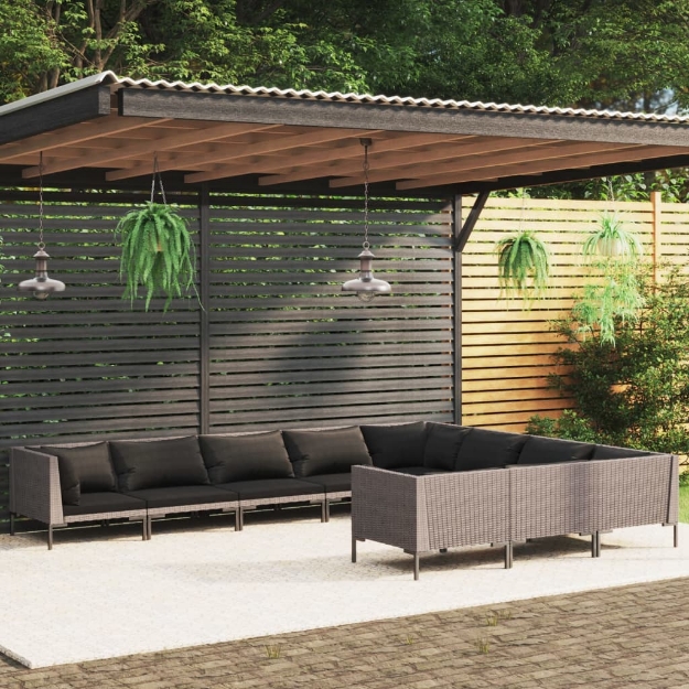 Set Divani da Giardino 10pz con Cuscini Polyrattan Grigio Scuro