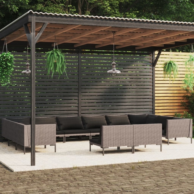 Set Divani da Giardino 12pz con Cuscini Polyrattan Grigio Scuro