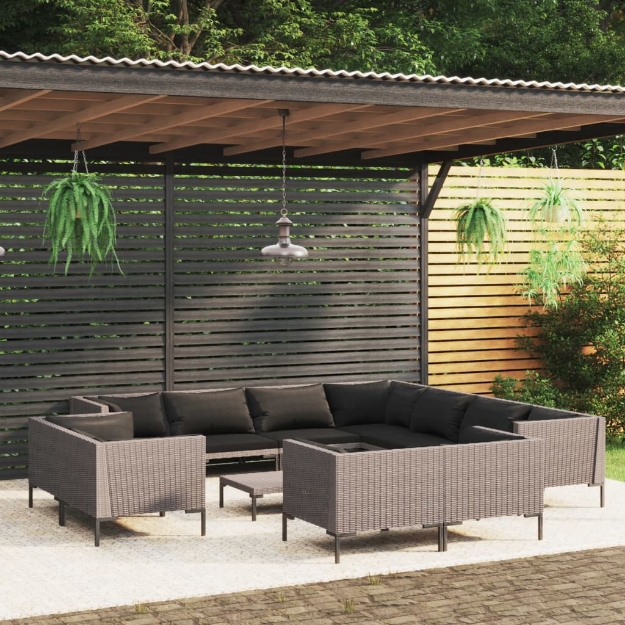 Set Divani da Giardino 12pz con Cuscini Polyrattan Grigio Scuro