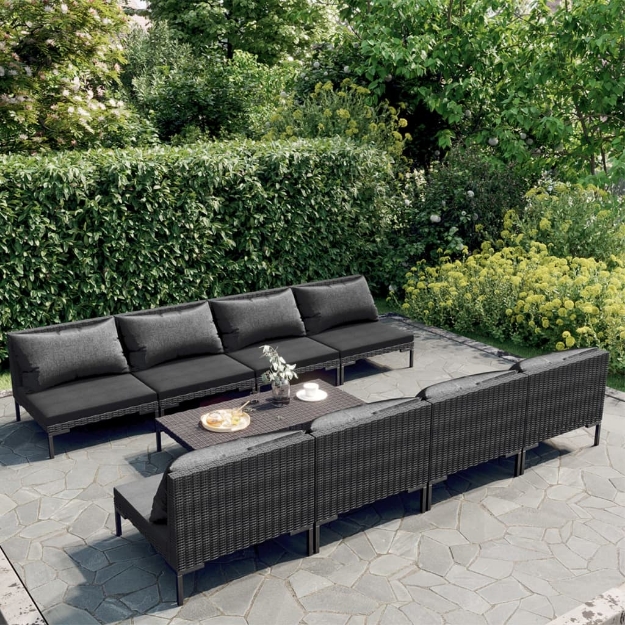 Set Divani da Giardino 9 pz con Cuscini Polyrattan Grigio Scuro