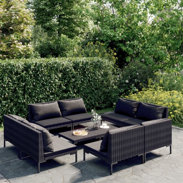 Set Divani da Giardino 9 pz con Cuscini Polyrattan Grigio Scuro