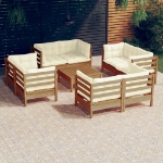 Set Divani da Giardino 9 pz con Cuscini Crema in Legno di Pino