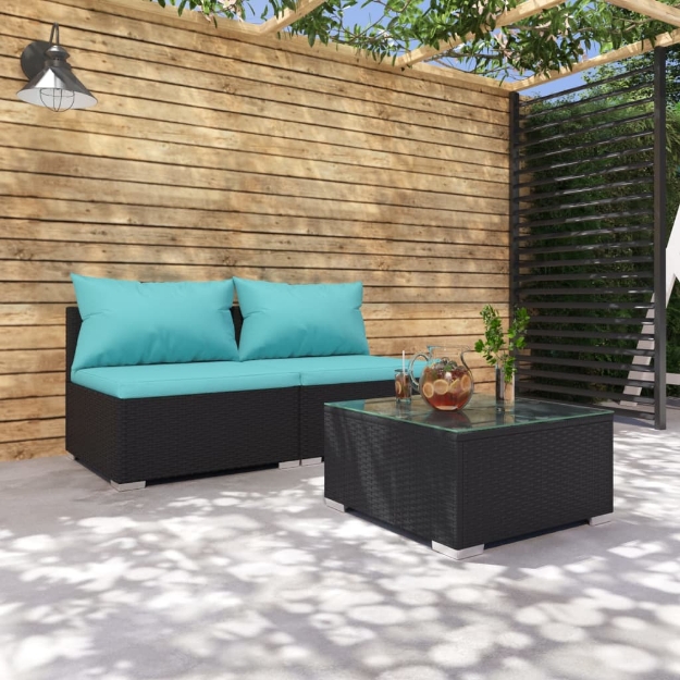 Set Divani da Giardino 3 pz con Cuscini in Polyrattan Nero