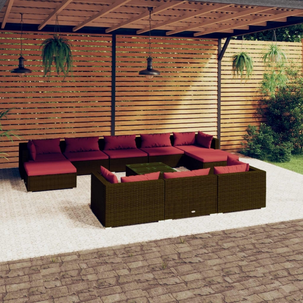 Set Divani da Giardino 11 pz con Cuscini in Polyrattan Marrone