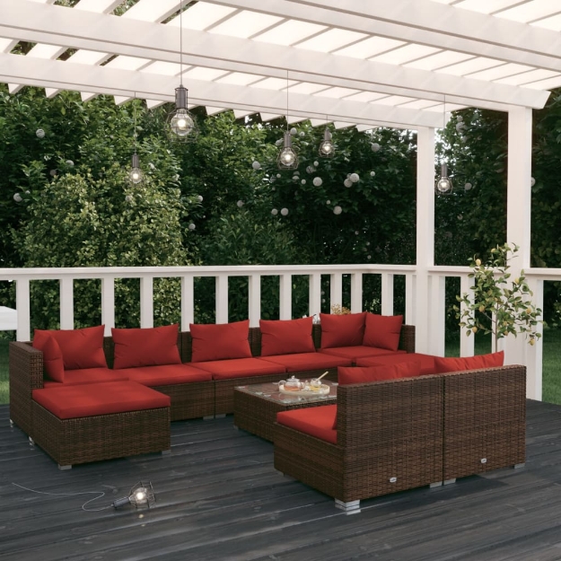 Set Divani da Giardino 10 pz con Cuscini in Polyrattan Marrone