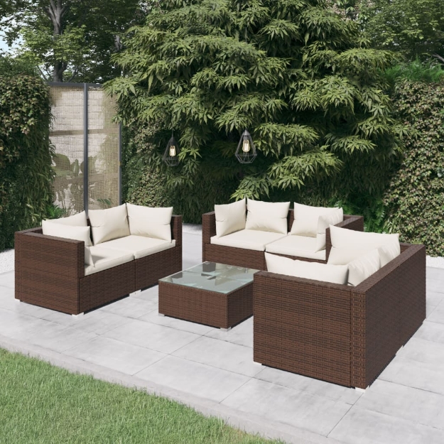 Set Divani da Giardino 7 pz con Cuscini in Polyrattan Marrone