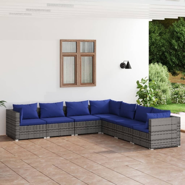 Set Divani da Giardino 7 pz con Cuscini in Polyrattan Grigio