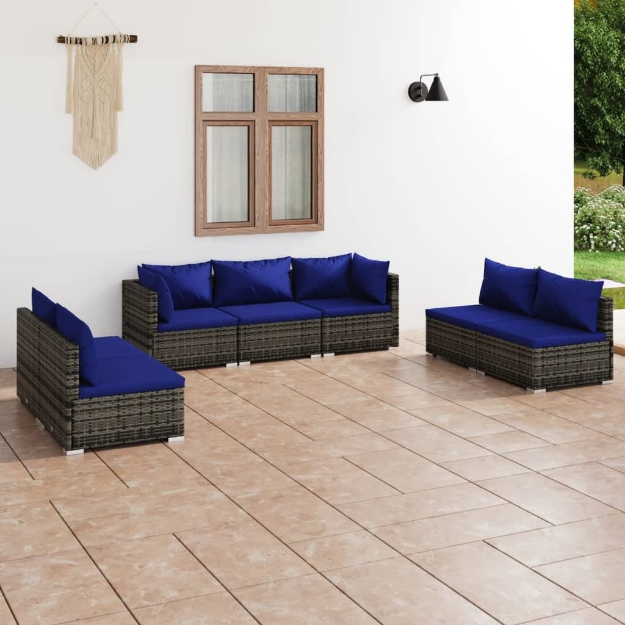 Set Divani da Giardino 7 pz con Cuscini in Polyrattan Grigio