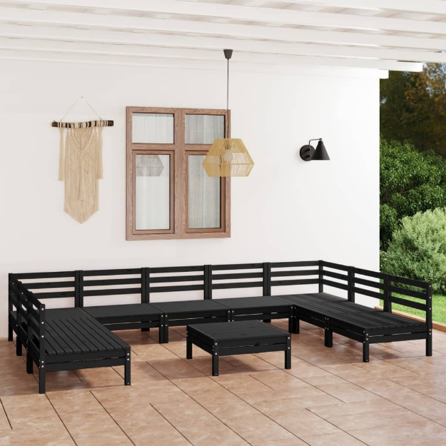 Set Divani da Giardino 10 pz Nero in Legno Massello di Pino