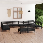 Set Divani da Giardino 12 pz Nero in Legno Massello di Pino