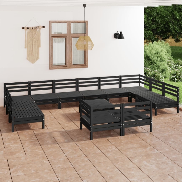 Set Divani da Giardino 13 pz Nero in Legno Massello di Pino