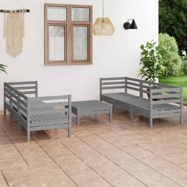 Set Divani da Giardino 7 pz Grigio in Legno Massello di Pino