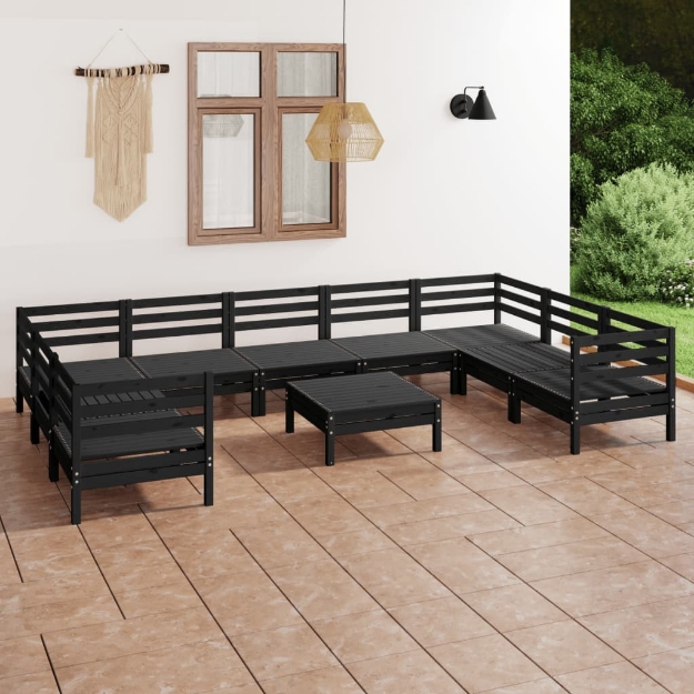 Set Divani da Giardino 10 pz Nero in Legno Massello di Pino