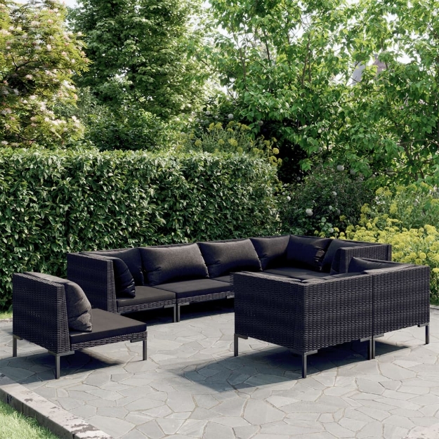 Set Divani Giardino 8 pz con Cuscini in Polyrattan Grigio Scuro