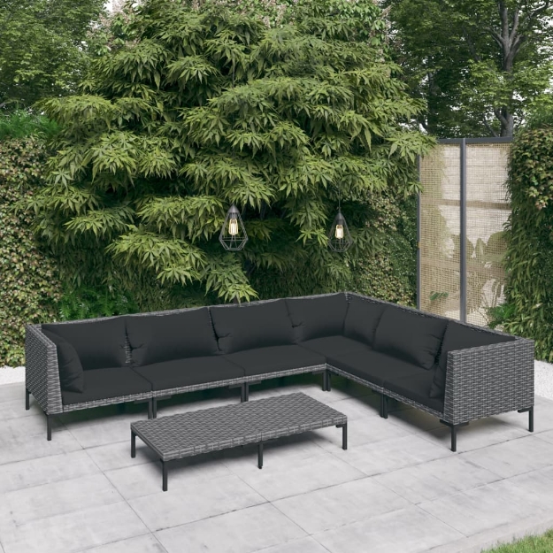 Set Divani Giardino 7 pz con Cuscini in Polyrattan Grigio Scuro