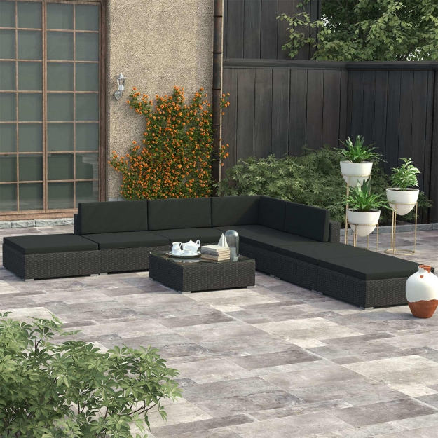 Set Divani da Giardino 8 pz con Cuscini in Polyrattan Nero