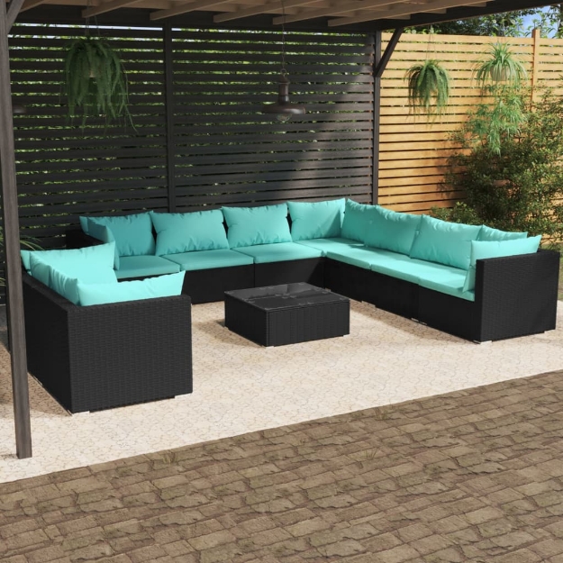 Set Divani da Giardino 10 pz con Cuscini in Polyrattan Nero