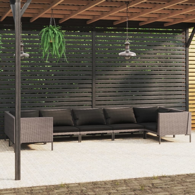 Set Divani Giardino 7 pz con Cuscini in Polyrattan Grigio Scuro