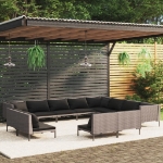 Set Divani da Giardino 12pz con Cuscini Polyrattan Grigio Scuro