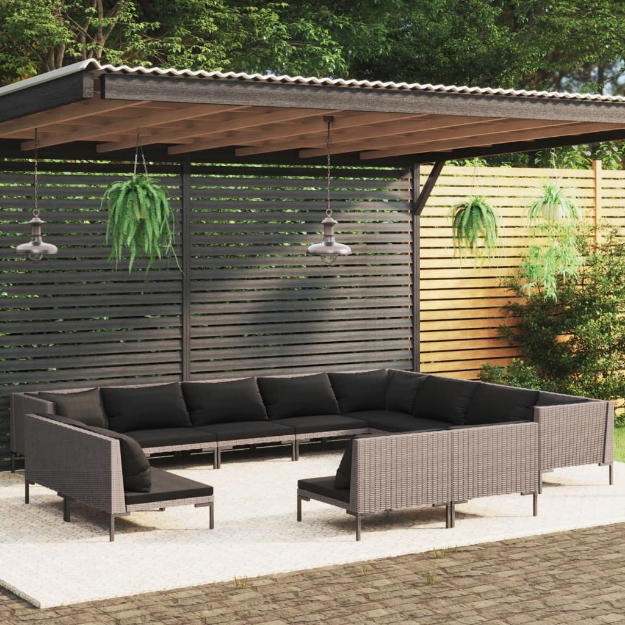 Set Divani da Giardino 12pz con Cuscini Polyrattan Grigio Scuro