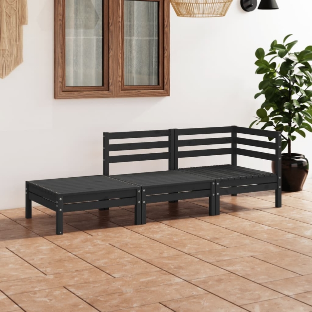 Set Divani da Giardino 3 pz Nero in Legno Massello di Pino