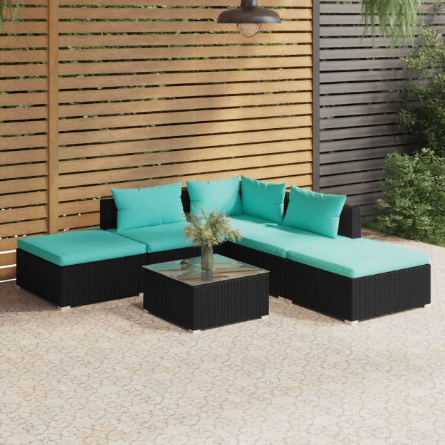 Set Salotto da Giardino 6 pz con Cuscini in Polyrattan Nero