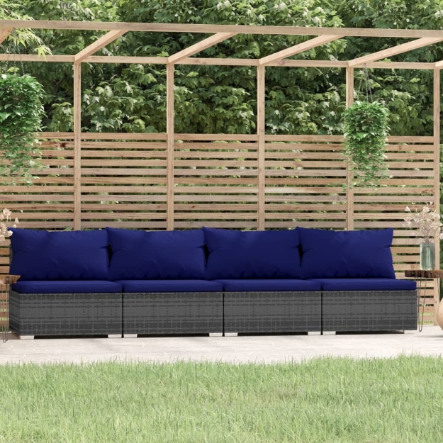 Divano a 4 Posti con Cuscini in Polyrattan Grigio