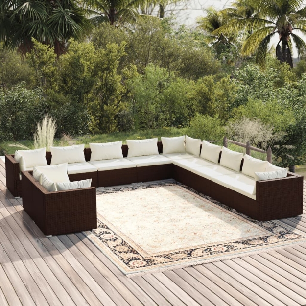 Set Divani da Giardino 11 pz con Cuscini in Polyrattan Marrone